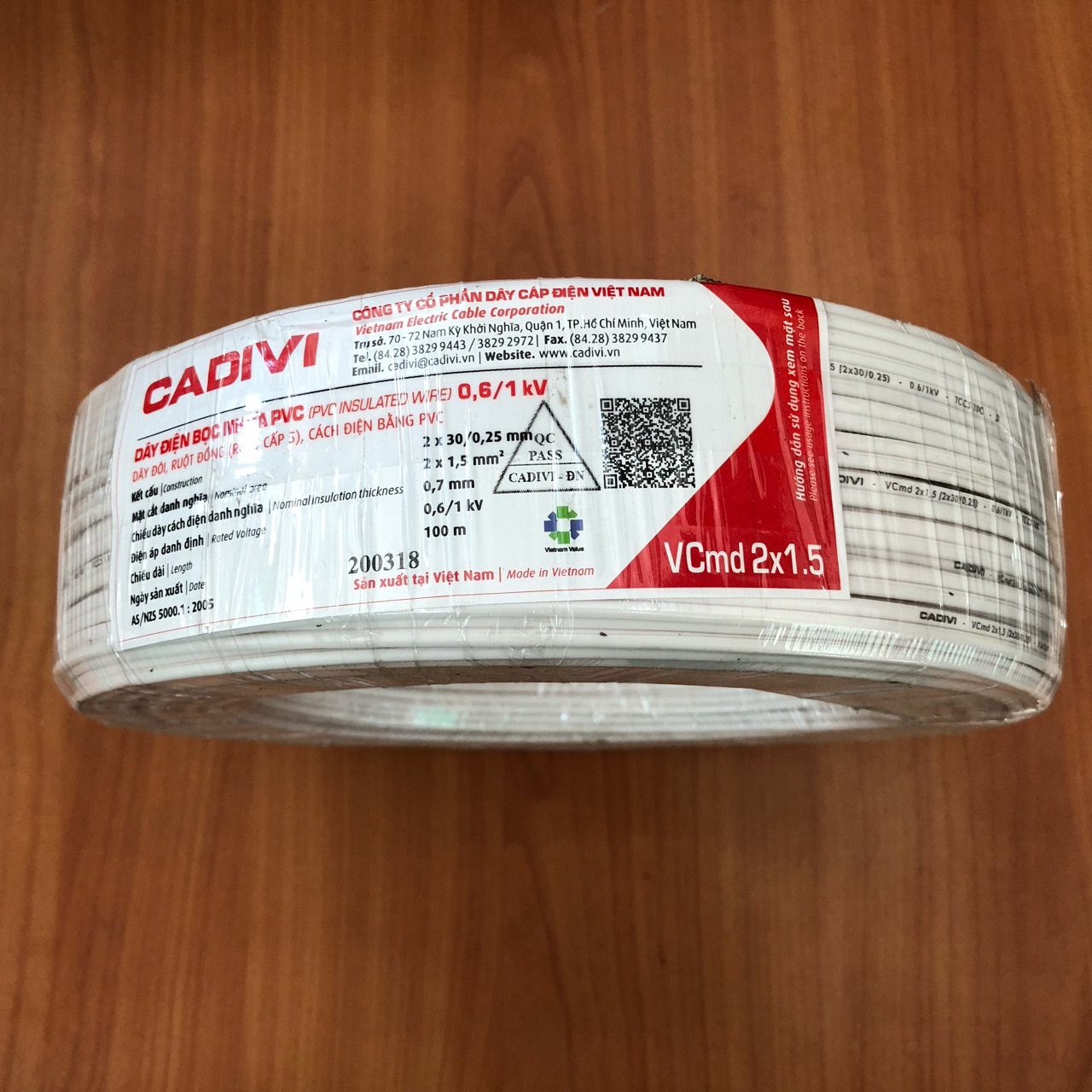 Dây cáp điện đôi mềm (dây dẹp) Vcmd Cadivi 2x1.5 màu trắng, ruột đồng bọc nhựa PVC, cuộn 100 mét, giá tính theo mét